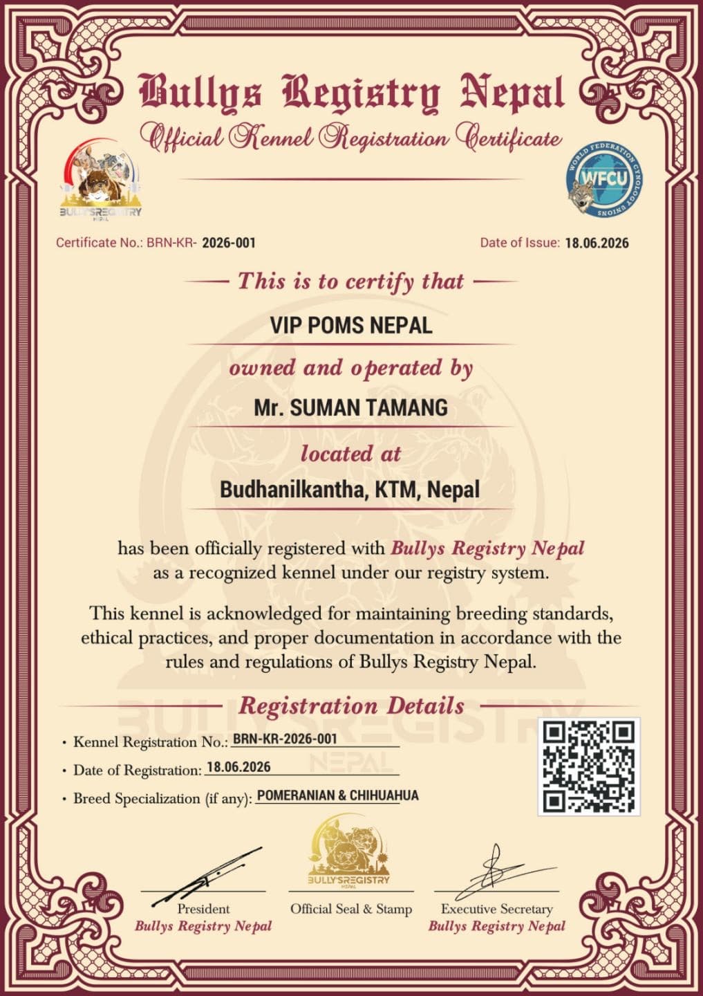 Official Kennel Registration Certificate